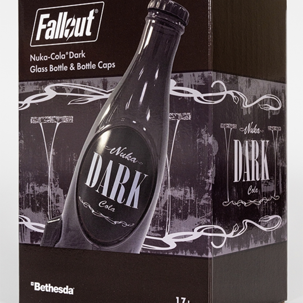 Fallout Nuka Cola Dark Glass Bottle + 10 Bottle Caps Tin Rocket Statue Figure